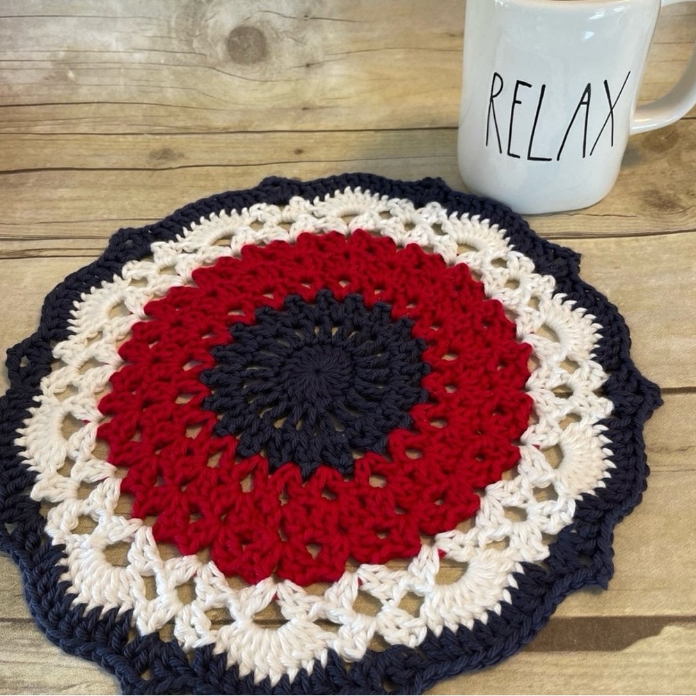 12 Inch Red White & Dark Blue Cotton Doily Americana Decor Centerpiece